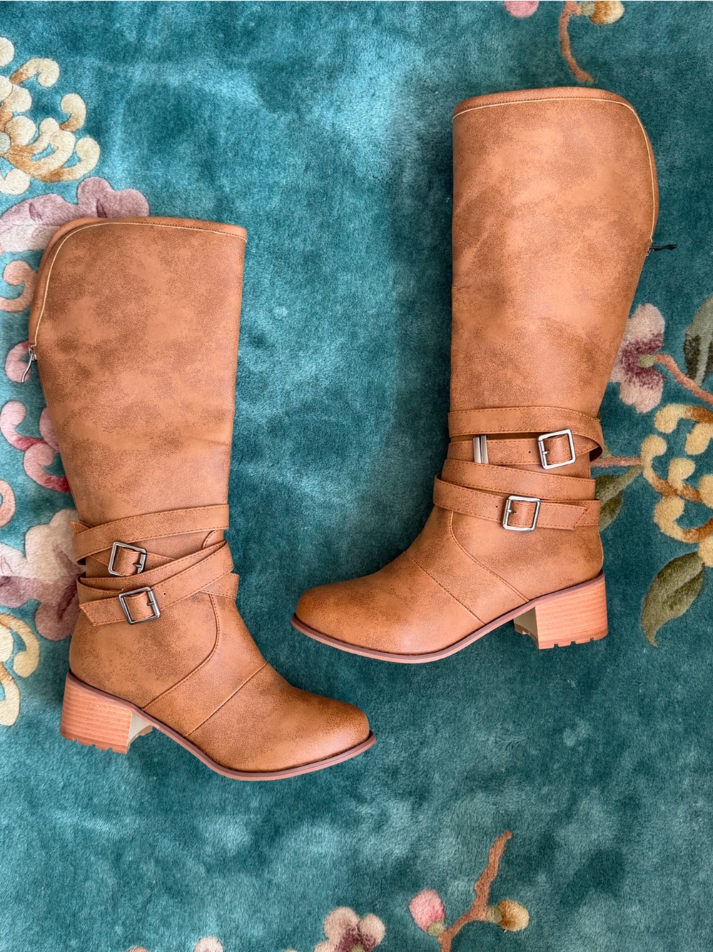 Women's y2k fashionable Suede cowboy Boots with heel and Double Buckle Straps